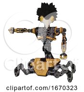 Mech Containing Bird Skull Head And Brass Steampunk Eyes And Crow Feather Design And Heavy Upper Chest And No Chest Plating And Insect Walker Legs Construction Yellow Halftone
