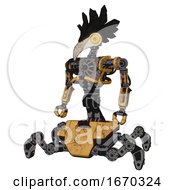 Poster, Art Print Of Mech Containing Bird Skull Head And Brass Steampunk Eyes And Crow Feather Design And Heavy Upper Chest And No Chest Plating And Insect Walker Legs Construction Yellow Halftone
