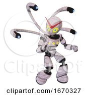 Poster, Art Print Of Cyborg Containing Grey Alien Style Head And Yellow Eyes With Blue Pupils And Light Chest Exoshielding And Yellow Chest Lights And Blue-Eye Cam Cable Tentacles And Light Leg Exoshielding