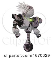 Poster, Art Print Of Mech Containing Round Fiber Optic Connectors Head And Heavy Upper Chest And Heavy Mech Chest And Green Energy Core And Unicycle Wheel Dark Ink Dots Sketch Hero Pose