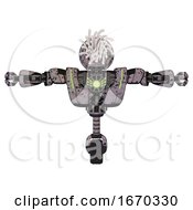 Poster, Art Print Of Mech Containing Round Fiber Optic Connectors Head And Heavy Upper Chest And Heavy Mech Chest And Green Energy Core And Unicycle Wheel Dark Ink Dots Sketch T-Pose