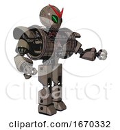 Poster, Art Print Of Droid Containing Grey Alien Style Head And Green Demon Eyes And Heavy Upper Chest And Heavy Mech Chest And Barbed Wire Chest Armor Cage And Prototype Exoplate Legs Patent Khaki Metal Interacting