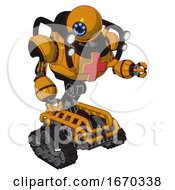 Android Containing Dual Retro Camera Head And Happy 3 Eyes Round Head And Heavy Upper Chest And First Aid Chest Symbol And Shoulder Headlights And Tank Tracks Primary Yellow Halftone