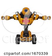 Poster, Art Print Of Android Containing Dual Retro Camera Head And Happy 3 Eyes Round Head And Heavy Upper Chest And First Aid Chest Symbol And Shoulder Headlights And Tank Tracks Primary Yellow Halftone T-Pose