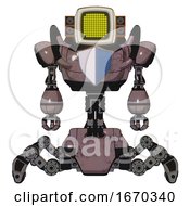 Poster, Art Print Of Android Containing Old Computer Monitor And Yellow Circle Array Display And Old Retro Speakers And Heavy Upper Chest And Blue Shield Defense Design And Insect Walker Legs Dusty Rose Red Metal
