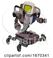 Android Containing Old Computer Monitor And Yellow Circle Array Display And Old Retro Speakers And Heavy Upper Chest And Blue Shield Defense Design And Insect Walker Legs Dusty Rose Red Metal