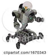 Poster, Art Print Of Robot Containing Grey Alien Style Head And Green Demon Eyes And Triangle Design And Helmet And Heavy Upper Chest And Chest Green Energy Cores And Insect Walker Legs Concrete Grey Metal