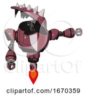 Poster, Art Print Of Robot Containing Flat Elongated Skull Head And Spikes And Heavy Upper Chest And Red Shield Defense Design And Jet Propulsion Muavewood Halftone Pointing Left Or Pushing A Button