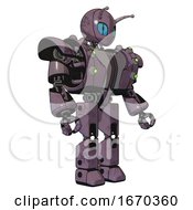 Poster, Art Print Of Bot Containing Grey Alien Style Head And Blue Grate Eyes And Bug Antennas And Heavy Upper Chest And Heavy Mech Chest And Green Cable Sockets Array And Prototype Exoplate Legs Lilac Metal