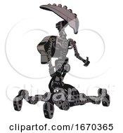Poster, Art Print Of Droid Containing Flat Elongated Skull Head And Light Chest Exoshielding And Rocket Pack And No Chest Plating And Insect Walker Legs Halftone Gray Facing Left View