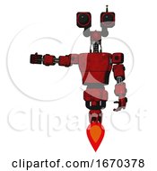 Poster, Art Print Of Automaton Containing Dual Retro Camera Head And Light Chest Exoshielding And Prototype Exoplate Chest And Jet Propulsion Red Blood Grunge Material Arm Out Holding Invisible Object