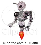 Poster, Art Print Of Droid Containing Grey Alien Style Head And Black Eyes And Bug Antennas And Heavy Upper Chest And No Chest Plating And Jet Propulsion Sketch Pad Doodle Lines Facing Right View