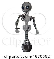 Poster, Art Print Of Mech Containing Grey Alien Style Head And Electric Eyes And Light Chest Exoshielding And No Chest Plating And Unicycle Wheel Patent Concrete Gray Metal Hero Pose