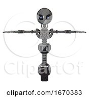 Poster, Art Print Of Mech Containing Grey Alien Style Head And Electric Eyes And Light Chest Exoshielding And No Chest Plating And Unicycle Wheel Patent Concrete Gray Metal T-Pose