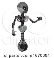 Poster, Art Print Of Mech Containing Grey Alien Style Head And Electric Eyes And Light Chest Exoshielding And No Chest Plating And Unicycle Wheel Patent Concrete Gray Metal Interacting