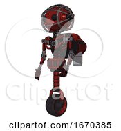 Poster, Art Print Of Droid Containing Oval Wide Head And Beady Black Eyes And Barbed Wire Cage Helmet And Light Chest Exoshielding And Rocket Pack And No Chest Plating And Unicycle Wheel Matted Red Facing Right View