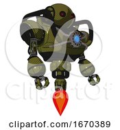 Poster, Art Print Of Android Containing Oval Wide Head And Small Red Led Eyes And Heavy Upper Chest And Chest Blue Energy Core And Jet Propulsion Army Green Halftone Facing Left View