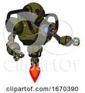Poster, Art Print Of Android Containing Oval Wide Head And Small Red Led Eyes And Heavy Upper Chest And Chest Blue Energy Core And Jet Propulsion Army Green Halftone Interacting