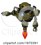Poster, Art Print Of Android Containing Oval Wide Head And Small Red Led Eyes And Heavy Upper Chest And Chest Blue Energy Core And Jet Propulsion Army Green Halftone Arm Out Holding Invisible Object