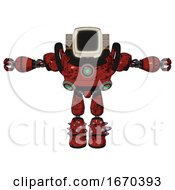 Poster, Art Print Of Android Containing Old Computer Monitor And Old Retro Speakers And Heavy Upper Chest And Chest Green Energy Cores And Light Leg Exoshielding And Spike Foot Mod Grunge Dots Cherry Tomato Red T-Pose