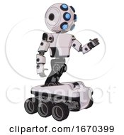 Poster, Art Print Of Robot Containing Round Head And Six Eye Array And Bug Eyes And Light Chest Exoshielding And Prototype Exoplate Chest And Six-Wheeler Base White Halftone Toon Interacting