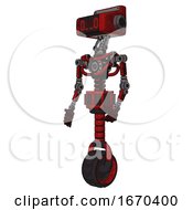 Bot Containing Dual Retro Camera Head And Clock Radio Head And Light Chest Exoshielding And No Chest Plating And Unicycle Wheel Red Blood Grunge Material Facing Right View