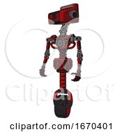 Poster, Art Print Of Bot Containing Dual Retro Camera Head And Clock Radio Head And Light Chest Exoshielding And No Chest Plating And Unicycle Wheel Red Blood Grunge Material Standing Looking Right Restful Pose