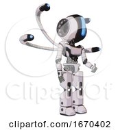 Poster, Art Print Of Bot Containing Round Head And Large Vertical Visor And Light Chest Exoshielding And Ultralight Chest Exosuit And Blue-Eye Cam Cable Tentacles And Prototype Exoplate Legs White Halftone Toon