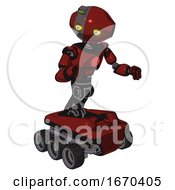 Poster, Art Print Of Android Containing Oval Wide Head And Yellow Eyes And Green Led Ornament And Light Chest Exoshielding And Red Chest Button And Six-Wheeler Base Matted Red Fight Or Defense Pose