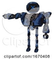 Poster, Art Print Of Robot Containing Digital Display Head And X Face And Heavy Upper Chest And Heavy Mech Chest And Ultralight Foot Exosuit Grunge Dark Blue Arm Out Holding Invisible Object