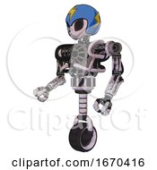 Poster, Art Print Of Android Containing Grey Alien Style Head And Black Eyes And Lightning Bolts And Blue Helmet And Heavy Upper Chest And No Chest Plating And Unicycle Wheel Sketch Pad Doodle Lines Facing Right View
