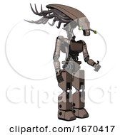Poster, Art Print Of Cyborg Containing Flat Elongated Skull Head And Cables And Light Chest Exoshielding And Ultralight Chest Exosuit And Prototype Exoplate Legs Khaki Halftone Facing Left View