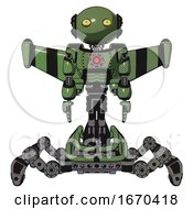 Poster, Art Print Of Robot Containing Oval Wide Head And Yellow Eyes And Light Chest Exoshielding And Red Energy Core And Stellar Jet Wing Rocket Pack And Insect Walker Legs Grass Green Front View