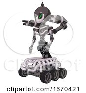 Poster, Art Print Of Cyborg Containing Grey Alien Style Head And Green Demon Eyes And Gray Helmet And Light Chest Exoshielding And Minigun Back Assembly And No Chest Plating And Six-Wheeler Base White Halftone Toon