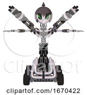 Cyborg Containing Grey Alien Style Head And Green Demon Eyes And Gray Helmet And Light Chest Exoshielding And Minigun Back Assembly And No Chest Plating And Six Wheeler Base White Halftone Toon