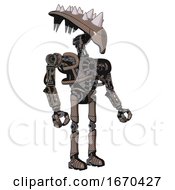 Poster, Art Print Of Mech Containing Flat Elongated Skull Head And Spikes And Heavy Upper Chest And No Chest Plating And Ultralight Foot Exosuit Khaki Halftone Facing Left View