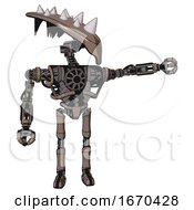 Poster, Art Print Of Mech Containing Flat Elongated Skull Head And Spikes And Heavy Upper Chest And No Chest Plating And Ultralight Foot Exosuit Khaki Halftone Pointing Left Or Pushing A Button
