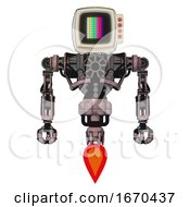 Droid Containing Old Computer Monitor And Please Stand By Pixel Design And Red Buttons And Heavy Upper Chest And No Chest Plating And Jet Propulsion Grayish Pink Front View