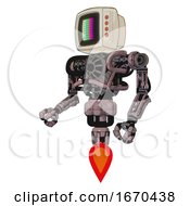 Droid Containing Old Computer Monitor And Please Stand By Pixel Design And Red Buttons And Heavy Upper Chest And No Chest Plating And Jet Propulsion Grayish Pink Facing Right View