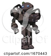 Poster, Art Print Of Robot Containing Oval Wide Head And Blue Eyes And Green Led Ornament And Heavy Upper Chest And Chest Energy Sockets And Prototype Exoplate Legs Light Brown Hero Pose