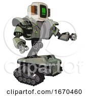 Poster, Art Print Of Bot Containing Old Computer Monitor And Pixel Exclamation Point Alert Face And Old Retro Speakers And Heavy Upper Chest And Heavy Mech Chest And Green Cable Sockets Array And Tank Tracks Green Metal