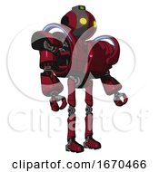 Poster, Art Print Of Mech Containing Oval Wide Head And Yellow Eyes And Green Led Ornament And Heavy Upper Chest And Heavy Mech Chest And Battle Mech Chest And Ultralight Foot Exosuit Fire Engine Red Halftone