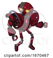 Poster, Art Print Of Mech Containing Oval Wide Head And Yellow Eyes And Green Led Ornament And Heavy Upper Chest And Heavy Mech Chest And Battle Mech Chest And Ultralight Foot Exosuit Fire Engine Red Halftone