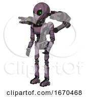 Bot Containing Grey Alien Style Head And Green Inset Eyes And Light Chest Exoshielding And Ultralight Chest Exosuit And Minigun Back Assembly And Ultralight Foot Exosuit Lilac Metal