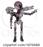 Poster, Art Print Of Bot Containing Grey Alien Style Head And Green Inset Eyes And Light Chest Exoshielding And Ultralight Chest Exosuit And Minigun Back Assembly And Ultralight Foot Exosuit Lilac Metal