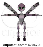Poster, Art Print Of Bot Containing Grey Alien Style Head And Green Inset Eyes And Light Chest Exoshielding And Ultralight Chest Exosuit And Minigun Back Assembly And Ultralight Foot Exosuit Lilac Metal T-Pose