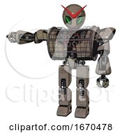 Poster, Art Print Of Droid Containing Grey Alien Style Head And Green Demon Eyes And Heavy Upper Chest And Heavy Mech Chest And Barbed Wire Chest Armor Cage And Prototype Exoplate Legs Patent Khaki Metal