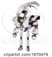 Automaton Containing Flat Elongated Skull Head And Heavy Upper Chest And Heavy Mech Chest And Green Energy Core And Ultralight Foot Exosuit White Halftone Toon Standing Looking Right Restful Pose