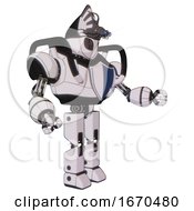 Robot Containing Grey Alien Style Head And Metal Grate Eyes And Alien Bug Creature Hat And Heavy Upper Chest And Blue Shield Defense Design And Prototype Exoplate Legs White Halftone Toon