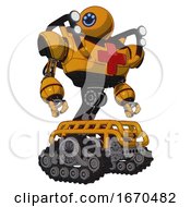 Poster, Art Print Of Android Containing Dual Retro Camera Head And Happy 3 Eyes Round Head And Heavy Upper Chest And First Aid Chest Symbol And Shoulder Headlights And Tank Tracks Primary Yellow Halftone Hero Pose